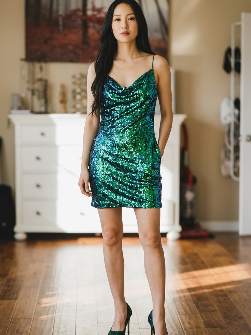 I.N. San Francisco Green and Teal Sequin Cowl Mini Dress